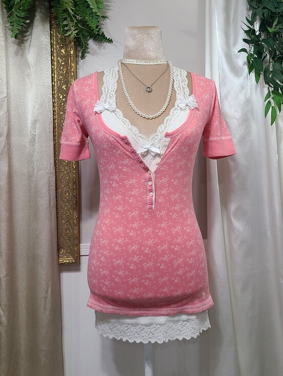 Abercrombie & Fitch Tops - Super Cute ♡ Y2K ♡Abercrombie Rare Pink & White Bubble Polka Dot Babydoll Henley